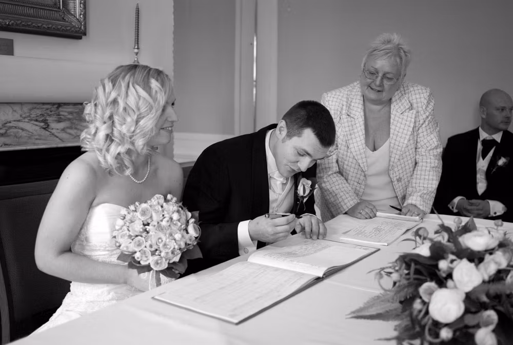Hoyle Court wedding - signing the register moments of fun